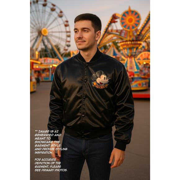 Vintage 80s Chalk Line Mickey Mouse Satin Bomber Jacket Black Large Made in USA - Picture 9 of 12